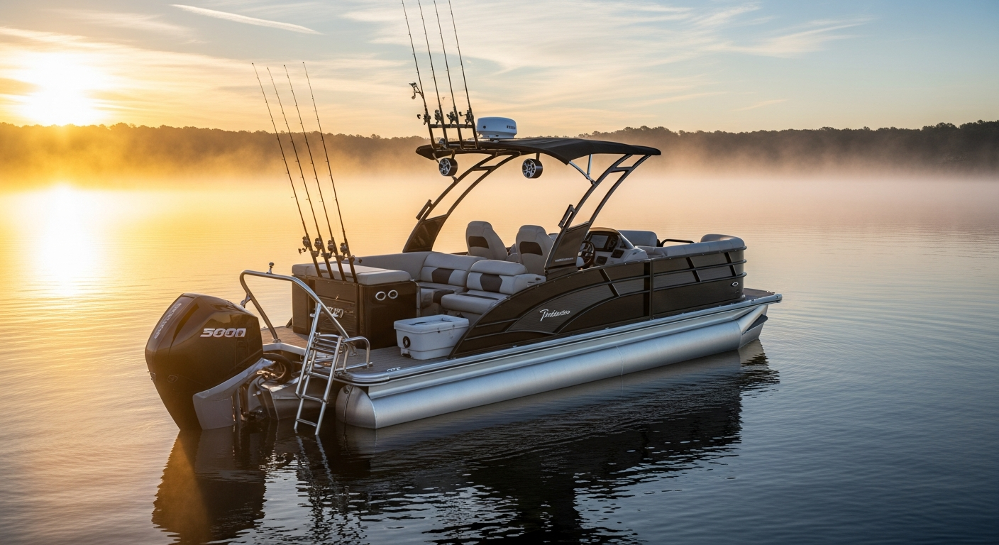 Premium pontoon boat with sport tower at sunrise