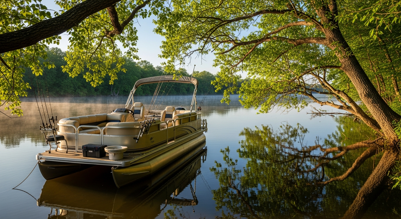Pontoon boat anchored on a peaceful river