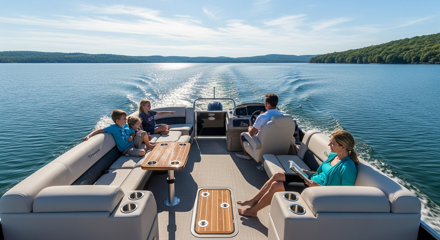 Elegant pontoon boat cruising on an open lake