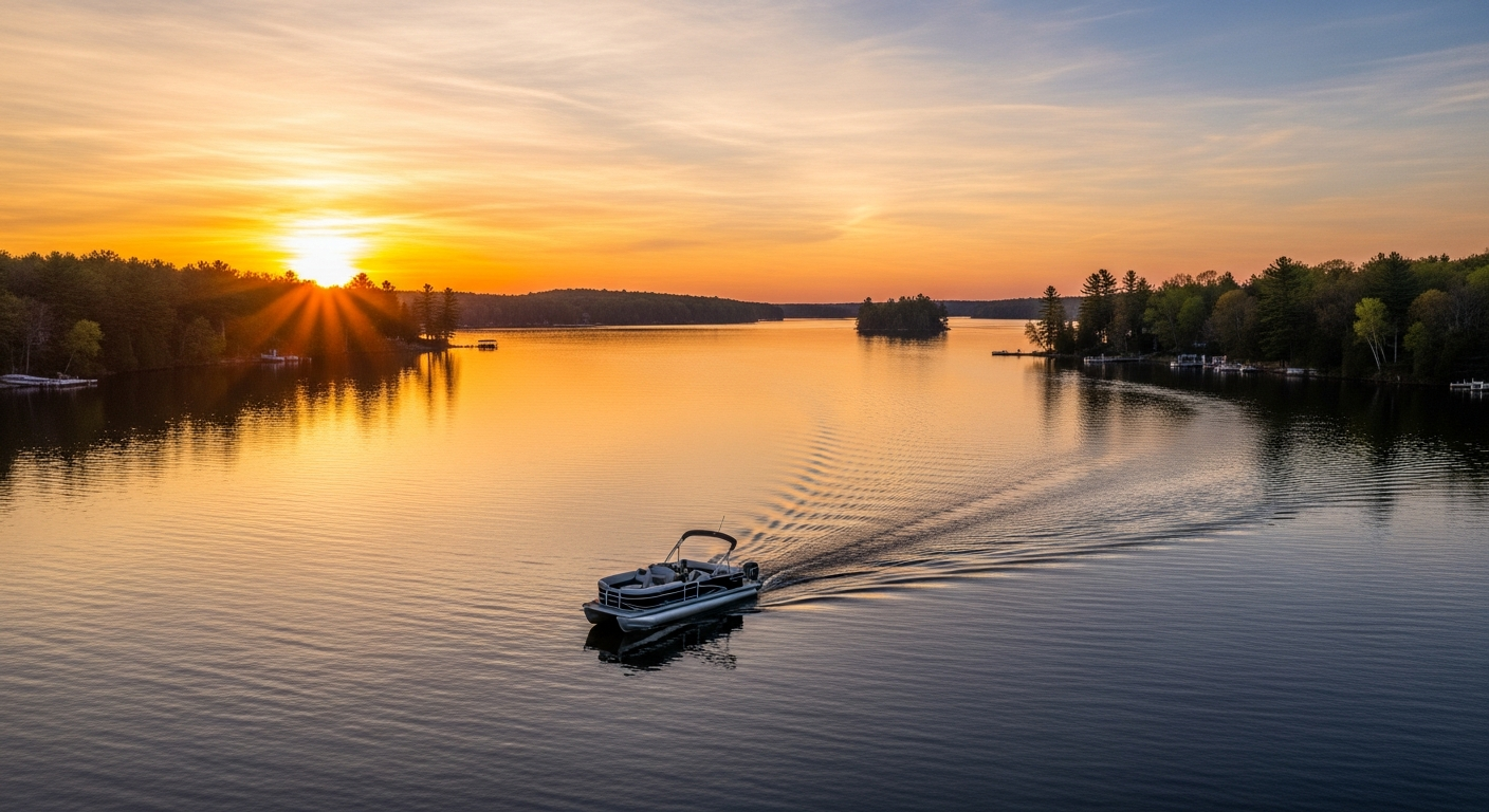 Pontoon boat cruising on a calm lake at sunset