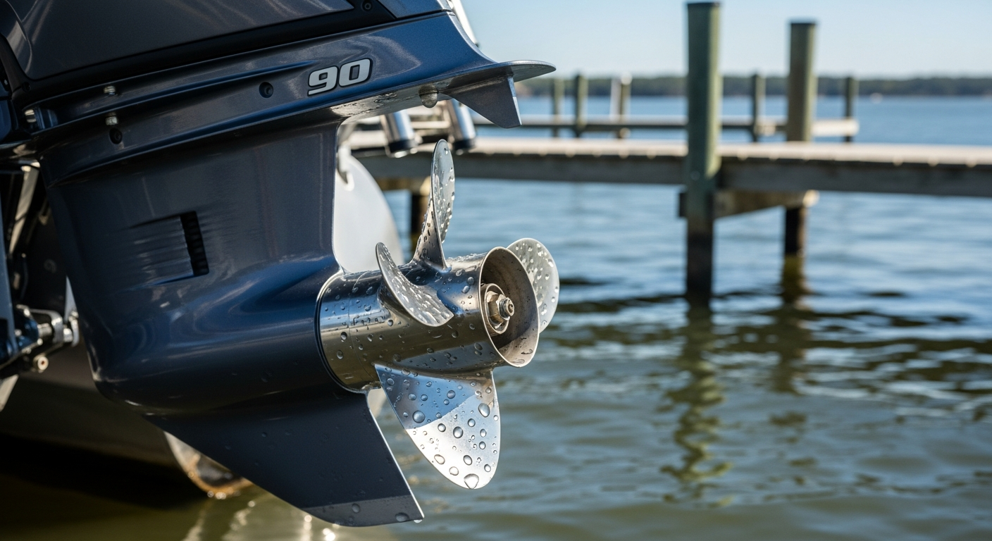 Aluminum propeller next to a 90HP outboard motor